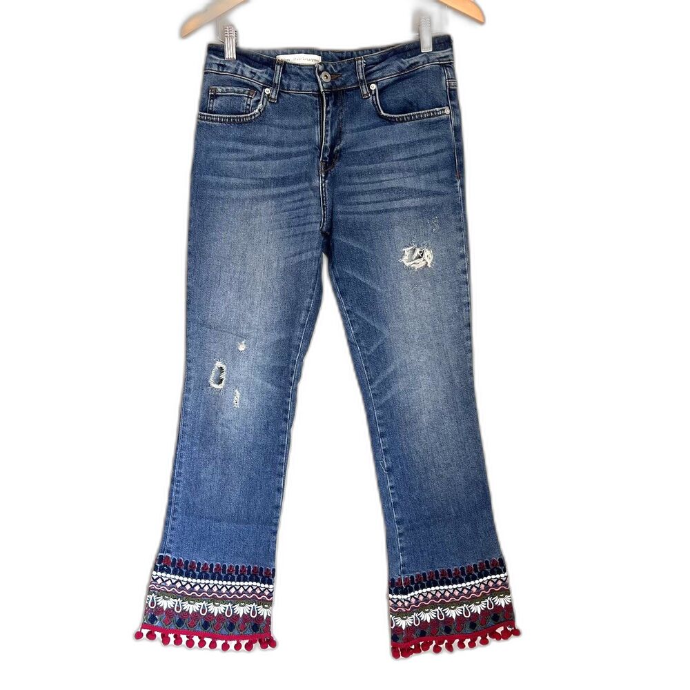 Pilcro Anthropologie Embroidered Pom Pom Hem Distressed Jeans 27